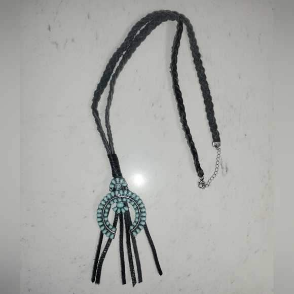 Turquoise Bold Statement Necklace | Express | Boho Western Vibes Leather Chain - Picture 2 of 7